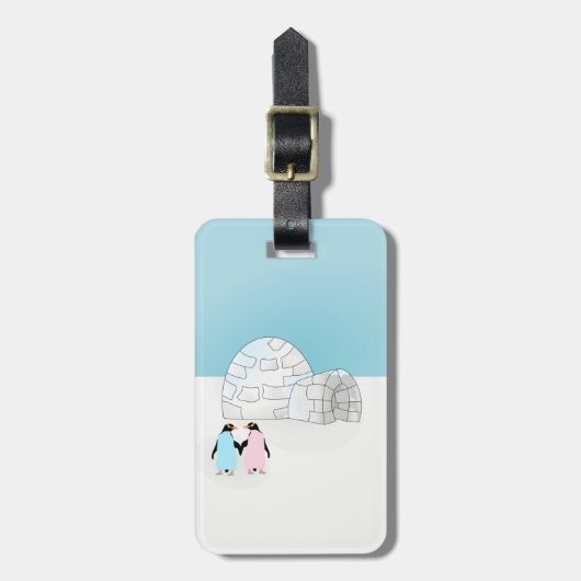 Igloo met gekleurde pinguïns bagagelabel (Voorkant verticaal)