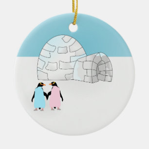 Igloo met gekleurde pinguïns keramisch ornament