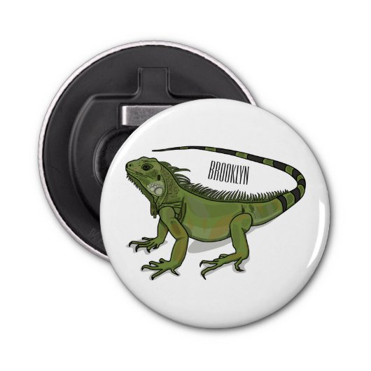 Iguana cartoon illustratie button flesopener (Voorkant)