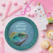 Iguana Happy Birthday Groen, Blauw, Blauwgroen Papieren Bordje (Feest)