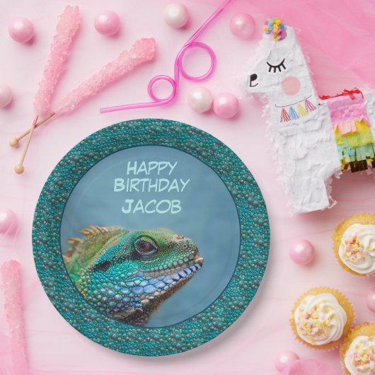 Iguana Happy Birthday Groen, Blauw, Blauwgroen Papieren Bordje (Feest)