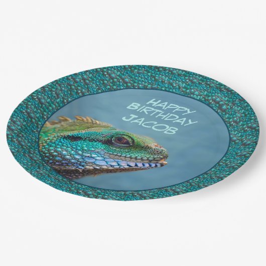 Iguana Happy Birthday Groen, Blauw, Blauwgroen Papieren Bordje (Gekanteld)