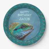 Iguana Happy Birthday Groen, Blauw, Blauwgroen Papieren Bordje (Voorkant)
