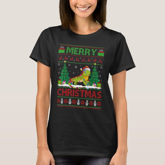 Iguana Xmas Tree Lights Ugly Santa Iguana Christus T-shirt (Voorkant)