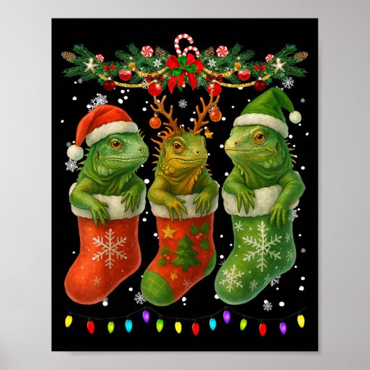 Iguanas In Christmas Socks Lights Iguanas Xmas  Poster (Voorkant)