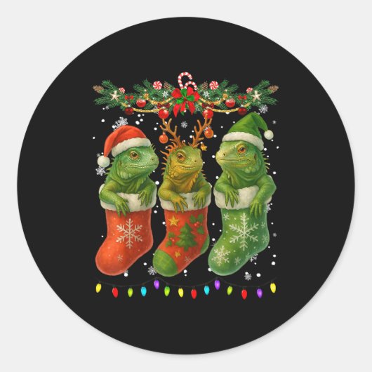 Iguanas In Christmas Socks Lights Iguanas Xmas  Ronde Sticker (Voorkant)