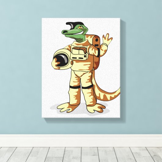 Iguanodon gekleed in een kosmonautenruimtepak. canvas afdruk (Insitu (Houten vloer))