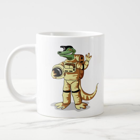 Iguanodon gekleed in een kosmonautenruimtepak. grote koffiekop (Links)