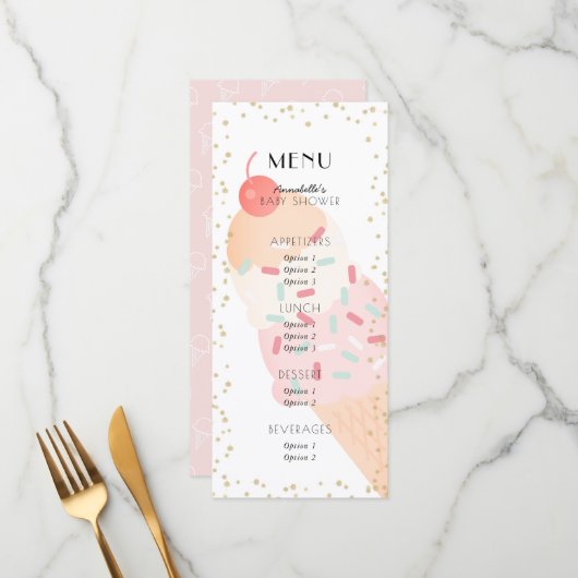 Ijs Cherry Roze Meisje Baby Shower Menu (Voorkant / Achterkant in situ)