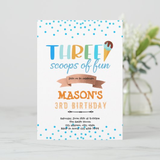 Ijs drie scheppen feestje kaart (Staand voorkant)