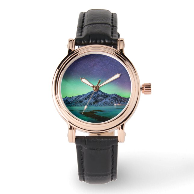 IJs en sneeuw | Aurora Borealis Milky Way IJsland Horloge (Voorkant)