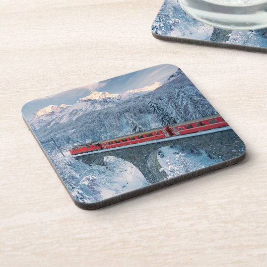 IJs en sneeuw | Red Bernina Express Train Zwitserl Bier Onderzetter (Linkerzijde)