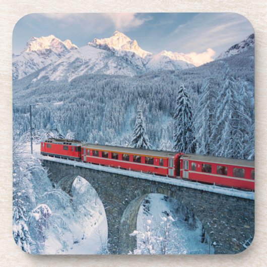 IJs en sneeuw | Red Bernina Express Train Zwitserl Bier Onderzetter (Voorkant)