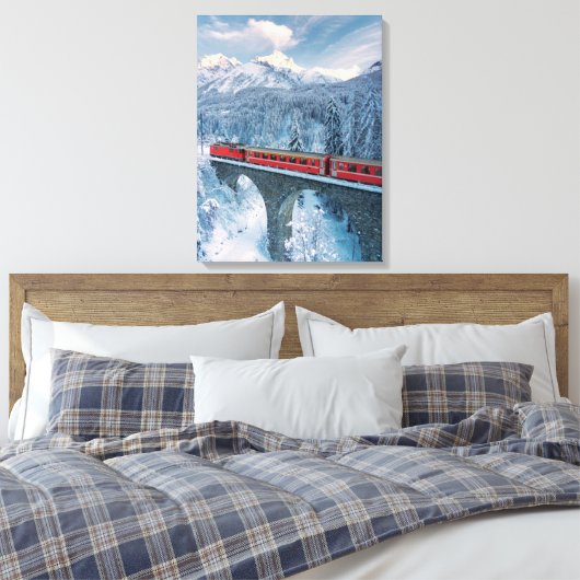 IJs en sneeuw | Red Bernina Express Train Zwitserl Canvas Afdruk (Insitu (Slaapkamer))