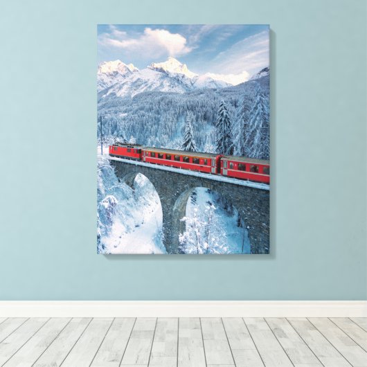 IJs en sneeuw | Red Bernina Express Train Zwitserl Canvas Afdruk (Insitu (Houten vloer))