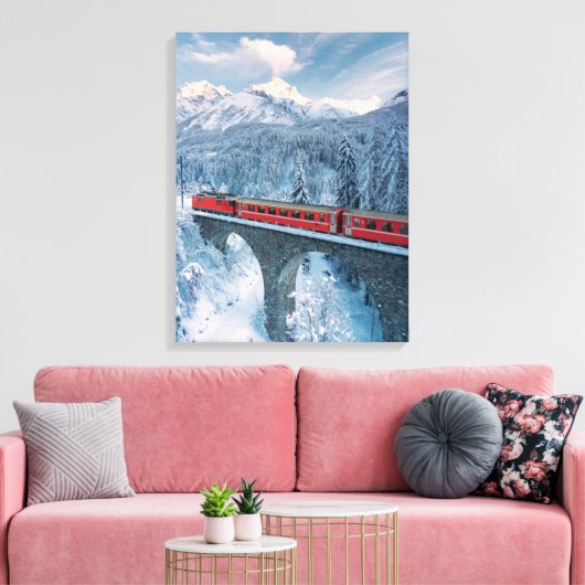 IJs en sneeuw | Red Bernina Express Train Zwitserl Canvas Afdruk (Insitu (Woonkamer))