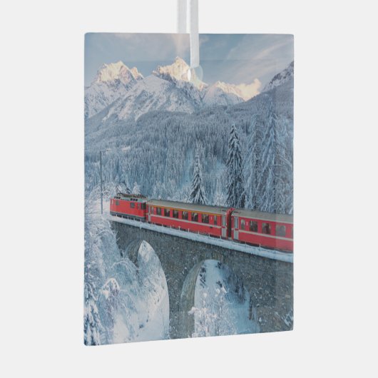 IJs en sneeuw | Red Bernina Express Train Zwitserl Glas Ornament (Voorkant Rechts)