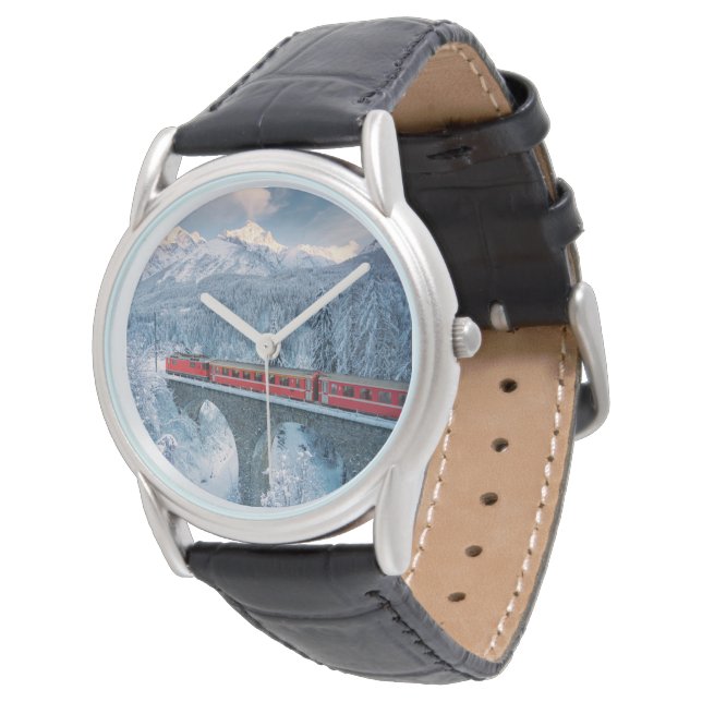 IJs en sneeuw | Red Bernina Express Train Zwitserl Horloge (Gekanteld)
