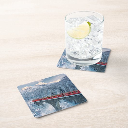 IJs en sneeuw | Red Bernina Express Train Zwitserl Kartonnen Onderzetters (Insitu)