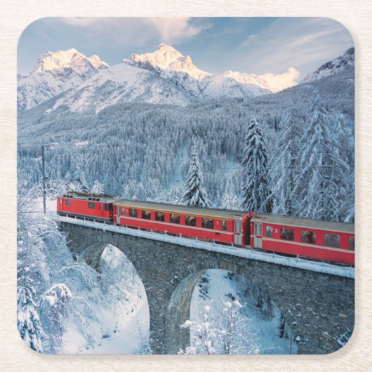 IJs en sneeuw | Red Bernina Express Train Zwitserl Kartonnen Onderzetters (Voorkant)