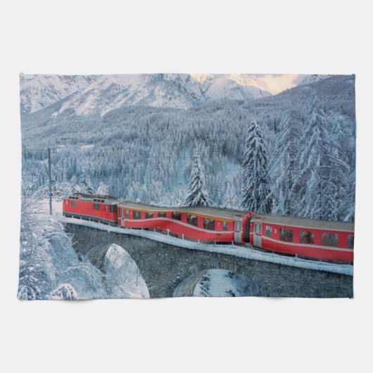 IJs en sneeuw | Red Bernina Express Train Zwitserl Theedoek (Horizontaal)