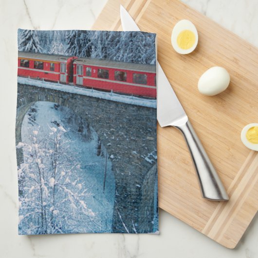 IJs en sneeuw | Red Bernina Express Train Zwitserl Theedoek (Quarter Fold)