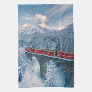 IJs en sneeuw   Red Bernina Express Train Zwitserl Theedoek