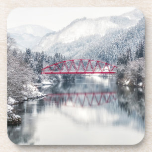 IJs en sneeuw Rode brug in de winter, Japan Bier Onderzetter