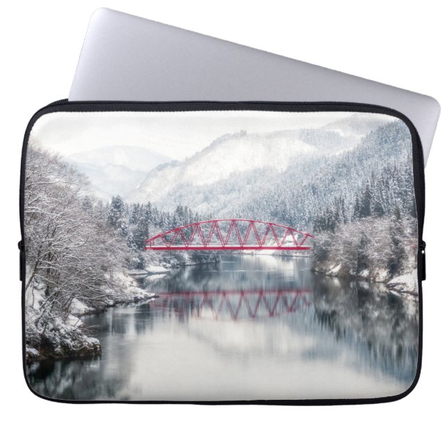 IJs en sneeuw | Rode brug in de winter, Japan Laptop Sleeve (Voorkant)