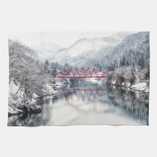 IJs en sneeuw | Rode brug in de winter, Japan Theedoek (Horizontaal)