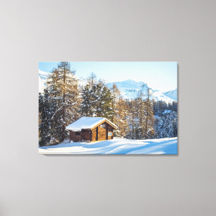 IJs en sneeuw   Winter Log Cabin Swiss Alps Canvas Afdruk