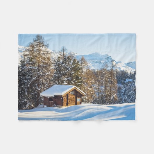 IJs en sneeuw | Winter Log Cabin Swiss Alps Fleece Deken (Voorkant (Horizontaal))