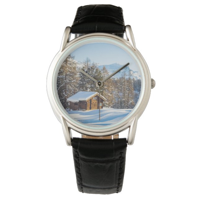 IJs en sneeuw | Winter Log Cabin Swiss Alps Horloge (Voorkant)