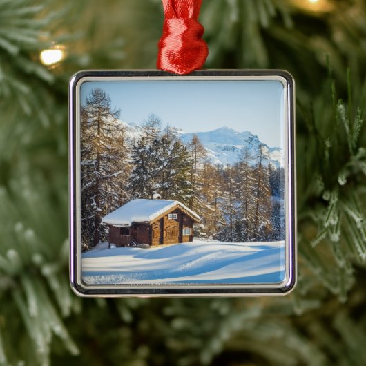 IJs en sneeuw | Winter Log Cabin Swiss Alps Metalen Ornament (Boom)