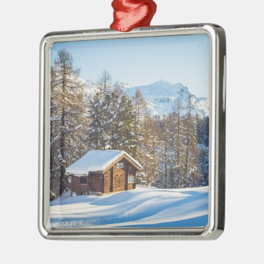 IJs en sneeuw | Winter Log Cabin Swiss Alps Metalen Ornament (Links)