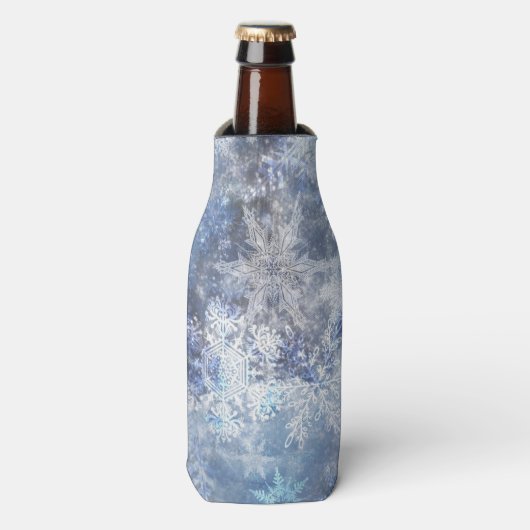 IJs en Sneeuwen, blauw kerstpatroon Flesjeskoeler (Fles Voorkant)