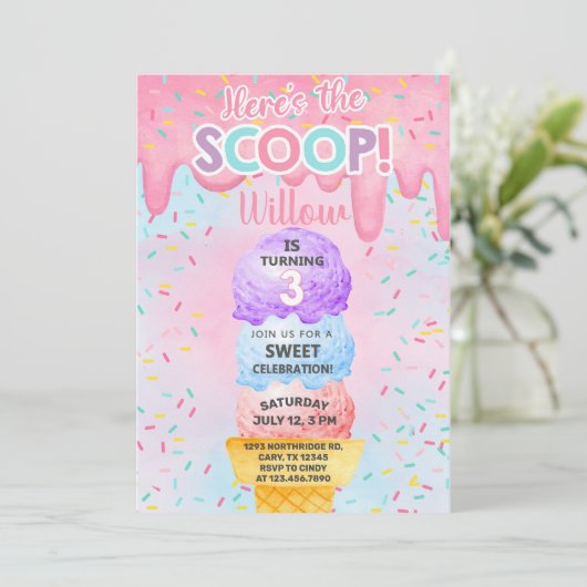 IJs hier is de scoop 3e verjaardag uitnodiging (Staand voorkant)