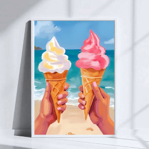 Ijs IJscoupe Strand Oceaan Aquarel Schilderij Poster