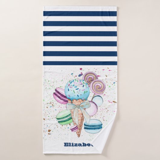 Ijs Macarons Marineblauw Wit Gestreept Badhanddoek (Badhanddoek)