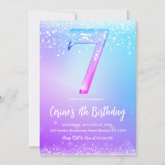 Ijs nummer witte glitter Meisje 7e verjaardag Kaart (Voorkant)