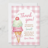 Ijs Roze Strik Gingham Verjaardagsfeestje Bedankkaart (Voorkant)