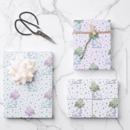 Ijs Schaatsen en sneeuwvlokken kerst Inpakpapier Vel (Voorkant)