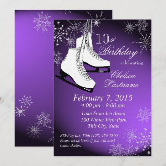 IJs Schaatsen en sneeuwvlokken Paarse verjaardag Kaart (Voorkant / Achterkant)