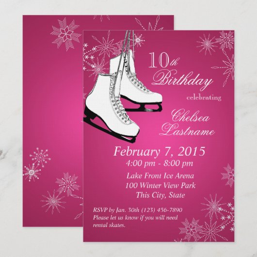 IJs Schaatsen en Sneeuwvlokken Roze Verjaardag Kaart (Voorkant / Achterkant)