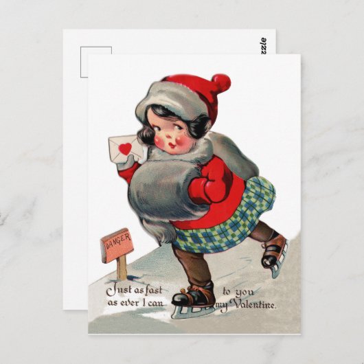 IJs schaatsen meisje met liefdesbrief. St. Valenti Briefkaart (Voorkant / Achterkant)