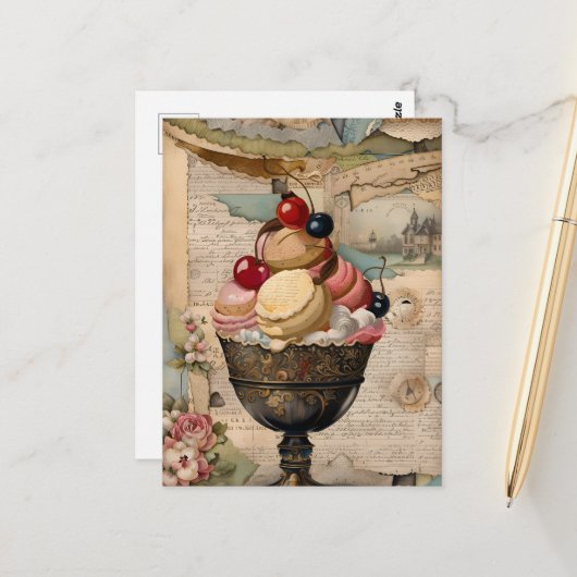 Ijs Sundae Vintage Collage Briefkaart (Voorkant / Achterkant in situ)
