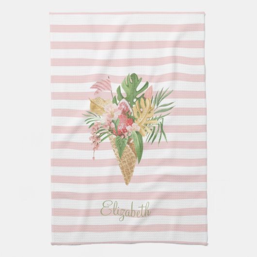 Ijs, Tropisch blad Fruit, Roze Strepen Theedoek (Verticaal)