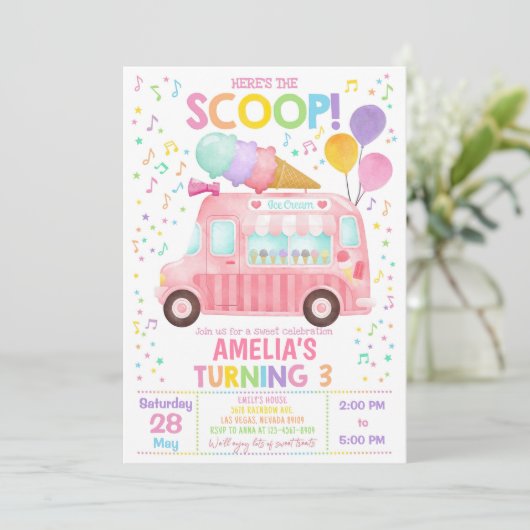 Ijsauto Verjaardagsuitnodiging Meisje 1e Verjaarda Kaart (Staand voorkant)