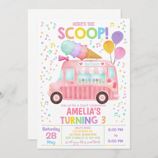 Ijsauto Verjaardagsuitnodiging Meisje 1e Verjaarda Kaart (Voorkant / Achterkant)