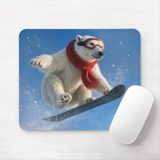 IJsbeer in de lucht op een snowboard Muismat (Met muis)
